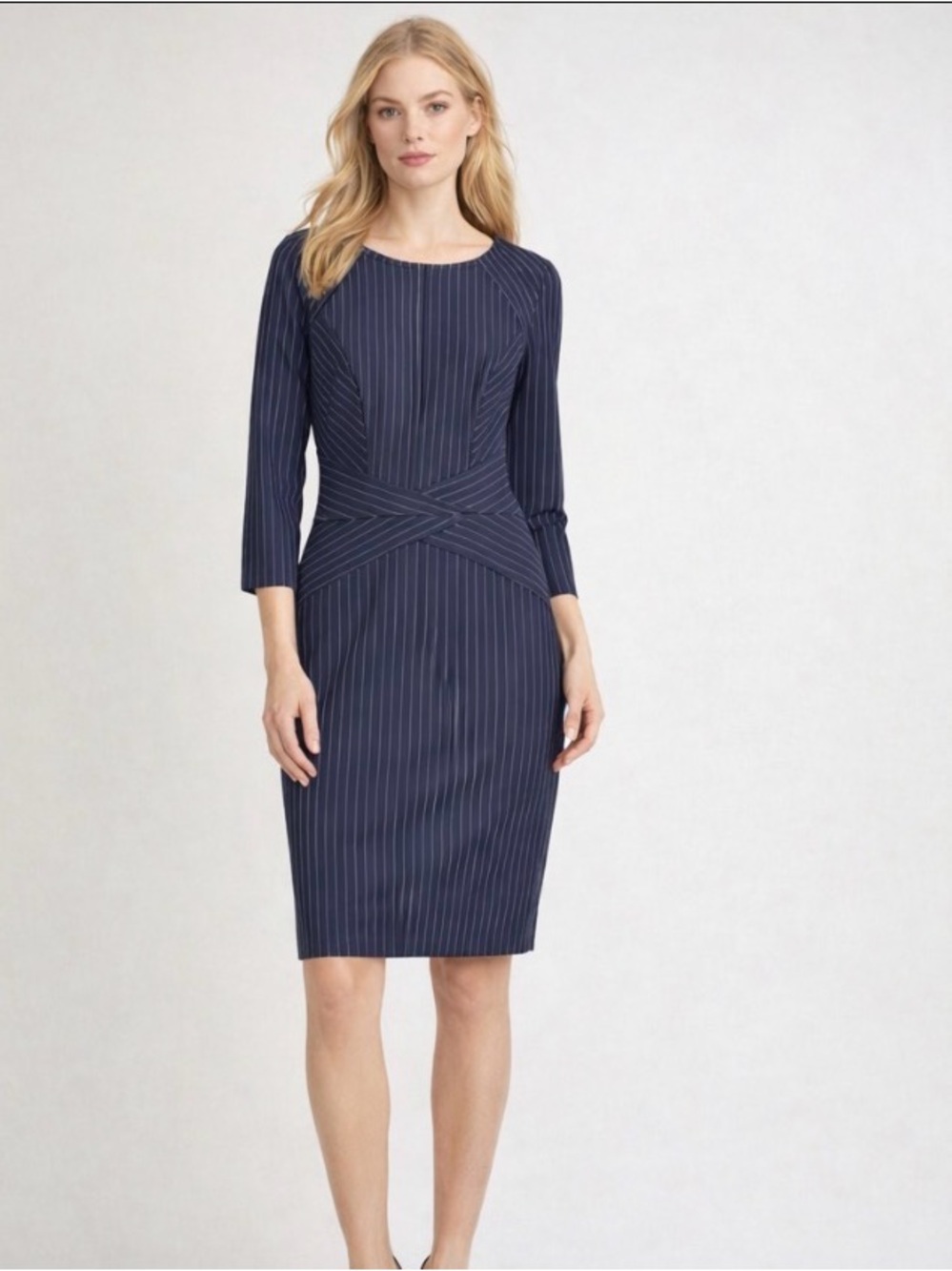 Navy Pinstripe Sheath Dress with Crossover Waistband